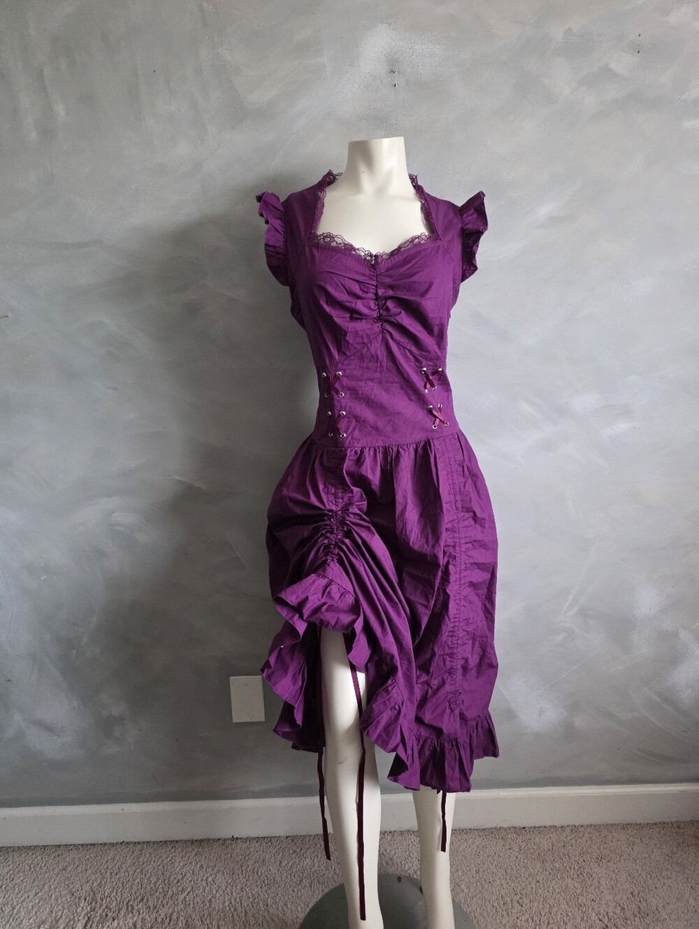 Belle Poque Steampunk Victorian Ruffled Dress Purple Lace Trim L
